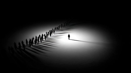 A captivating image illustrating a solitary figure standing apart in darkness, surrounded by indistinct shadows of many. The composition evokes feelings of loneliness and introspection, inviting contemplation on isolation and the human experience.の素材