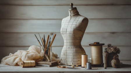 A beautifully arranged display featuring a vintage mannequin, spools of thread, scissors, and paintbrushes, creating an inspiring sewing workspace atmosphere.の素材