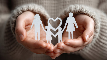 Hands cradle delicate paper cutouts of family figures complemented by a heart symbol, illustrating love, unity, and care among family members.の素材