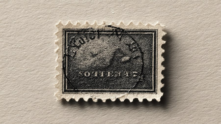 This image features a vintage single stamp with a cancellation mark, placed on a neutral-toned background, showcasing its unique design and historical significance.の素材