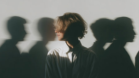 A captivating portrait featuring a person surrounded by their own shadows, showcasing a play of light and emotion that evokes depth and introspection.の素材