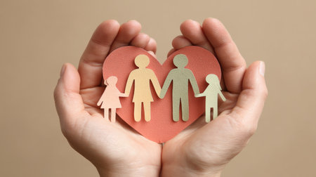 Two hands cradle colorful paper cutouts of a family within a heart shape, symbolizing love and unity. This image captures the essence of togetherness and care.の素材