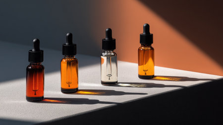 Four distinct glass droppers filled with varying liquids rest on a surface, showcasing different tones under soft light. The minimalist arrangement highlights their beauty and elegance.の素材