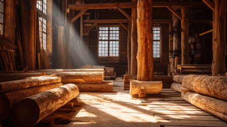 A serene and warm interior of a rustic wood workshop. Sunlight streams through the windows, illuminating logs and beams, creating an inviting atmosphere.の素材