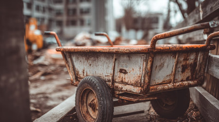 A close-up of a rusty wheelbarrow resting in a desolate construction site. The image captures the essence of neglect and decay within an urban landscape.の素材