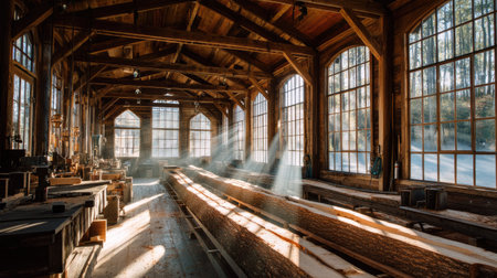 A warm and inviting woodworking shop filled with sunlight, showcasing large beams of wood and rustic tools. The serene atmosphere inspires creativity and craftsmanship.の素材