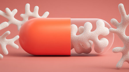 A captivating blend of a coral-inspired capsule and organic shapes, this image showcases a modern concept. The vibrant pink background enhances the artistic appeal, ideal for wellness themes.の素材