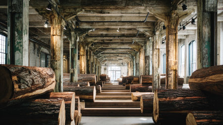 Captivating rustic interior showcasing stacks of wooden logs in an industrial mill, highlighting the blend of natural and architectural elements in a spacious setting.の素材