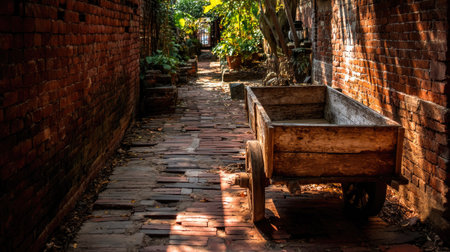 A charming vintage wooden cart rests on a sunny brick pathway bordered by rustic brick walls, creating a serene and peaceful atmosphere for exploration.の素材