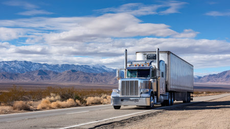A big rig truck navigates an open highway through stunning desert terrain, offering a sense of adventure and the beauty of nature under a vibrant sky.の素材