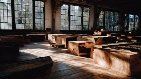 A serene wood workshop filled with natural light, highlighting raw wood blocks and showcasing artistic craftsmanship in a rustic, inviting environment.の素材
