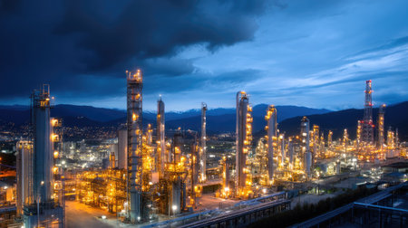 A stunning view of an industrial complex illuminated at dusk, showcasing tall structures and machinery against a dramatic sky filled with clouds.の素材