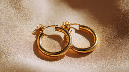 Stunning gold hoop earrings beautifully displayed on soft satin fabric. These elegant accessories are perfect for adding a touch of luxury and sophistication to any outfit.の素材