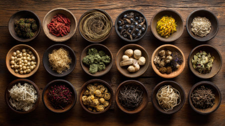 A vibrant collection of various herbs and spices displayed in rustic wooden bowls on a textured wooden table, showcasing nature's diversity and culinary potential.の素材