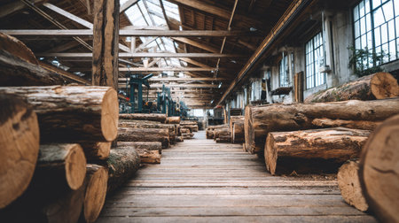 This image features a serene view of timber logs arranged in an industrial warehouse. The wooden flooring and architectural beams highlight a rustic charm. Ideal for showcasing woodworking or industrial themes.の素材