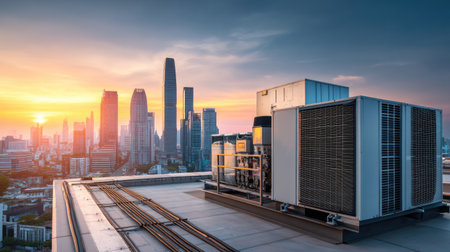 A rooftop air conditioning unit stands prominently during sunrise, offering a stunning backdrop of a modern city skyline. The image captures the blend of technology and urban beauty.の素材