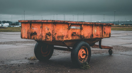 A weathered orange cart sits alone in an empty industrial lot under a dramatic sky. Perfect for conveying themes of abandonment and rustic charm.の素材