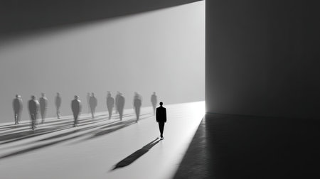 A captivating black and white image featuring a lone figure walking towards a bright opening, surrounded by shadowy silhouettes, evoking themes of solitude and introspection.の素材