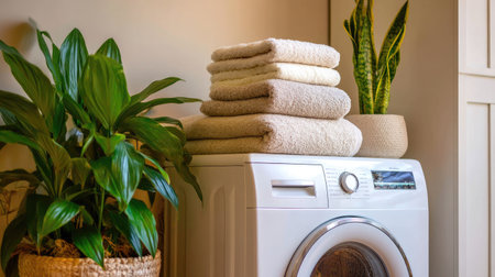 This image showcases a washing machine topped with neatly folded towels, complemented by lush indoor plants. Ideal for concepts of cleanliness and comfort.の素材