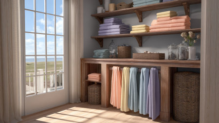 A serene interior showcasing neatly arranged soft towels on wooden shelves. Natural light floods the space, enhancing the cozy and inviting atmosphere.の素材
