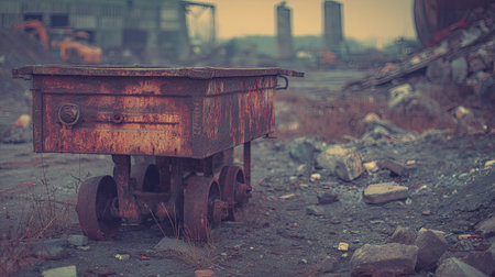An old, rusty cart stands alone in a desolate industrial area, surrounded by remnants of machinery and debris. The scene captures a sense of decay and forgotten history.の素材