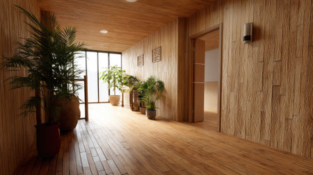 A tranquil wooden hallway featuring a rich wood floor, decorative plants, and ample natural light, perfect for creating a calming atmosphere in any space.の素材