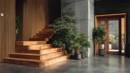 Captivating modern interior featuring a wooden staircase, lush greenery, and sleek concrete walls, creating an inviting and stylish entryway.の素材