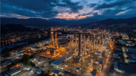 Stunning aerial view of an industrial plant illuminated at twilight, showcasing machinery, lights, and surrounding landscape with a river and mountains in the background.の素材