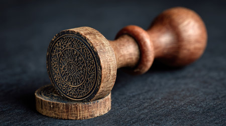 A vintage wooden stamp showcasing an intricate design lies on a dark surface, embodying craftsmanship and history, perfect for adding character to stationery.の素材