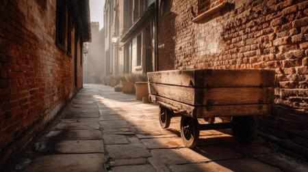 Serene cobblestone alley featuring a vintage wooden cart bathed in soft morning light, creating a tranquil and atmospheric scene perfect for exploration and reflection.の素材