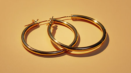 A stunning pair of gold hoop earrings rests elegantly on a soft gold background. The shiny surface and modern design create a luxurious accessory perfect for any occasion.の素材