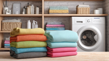A stylish arrangement of neatly folded towels in vibrant colors beside a washing machine, creating a fresh and organized laundry space that embodies cleanliness and comfort.の素材