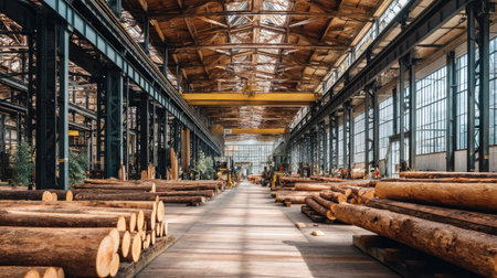 Spacious interior of a modern timber warehouse showcasing logs and beams under a skylighted ceiling, highlighting the blend of industry and nature.の素材