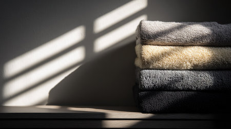 A serene arrangement of soft towels in neutral tones stacked on a simple surface. Gentle shadows create a calming atmosphere, perfect for home decor.の素材