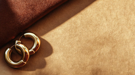 Close-up of elegant gold hoop earrings resting on rich brown fabric. Perfect for highlighting fashion accessories, luxury style, and aesthetic appeal.の素材