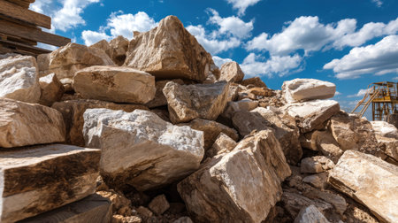 A detailed view of a pile of natural stones in a quarry under a vibrant blue sky. The rocks vary in size and texture, creating a rugged and rocky landscape.の素材