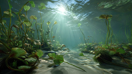 Experience the tranquility of an underwater world filled with vibrant plants, illuminated by soft beams of sunlight filtering through the water's surface.の素材