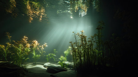 Discover a serene underwater scene illuminated by soft sunlight beams filtering through clear water, showcasing vibrant aquatic plants and tranquil surroundings.の素材
