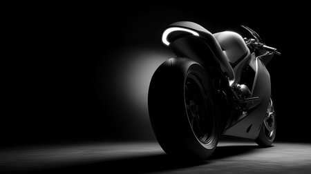 This captivating image showcases a sleek modern motorcycle, emphasizing its artistic design against a dramatic black background, reflecting innovation and speed.の素材