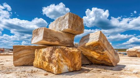 A stunning arrangement of large natural stone blocks under a vivid blue sky, showcasing the beauty of geology and nature in an outdoor setting.の素材