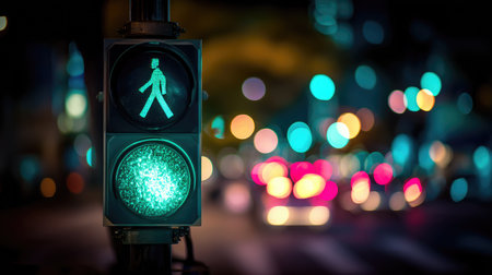 A vibrant green pedestrian signal lights up a city street at night, guiding walkers amid beautiful bokeh and colorful vehicle lights, symbolizing urban energy.の素材