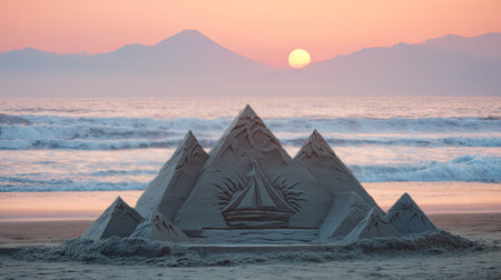 A breathtaking sand sculpture resembling mountains with a sailboat at sunset. The serene beach setting at dusk creates a peaceful atmosphere perfect for relaxation.の素材