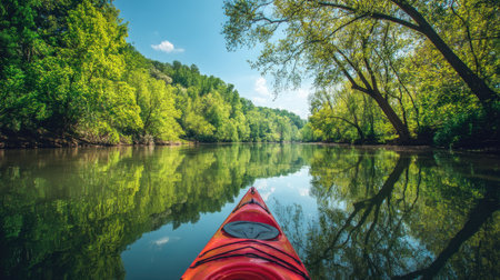 Immerse yourself in a peaceful kayaking adventure through a lush green river landscape, showcasing serene waters and vibrant nature all around.の素材