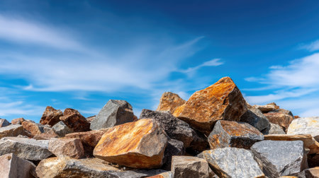 A captivating scene of large colorful stones set against a bright blue sky with fluffy clouds, showcasing nature's textures and vibrant colors in serene outdoor settings.の素材