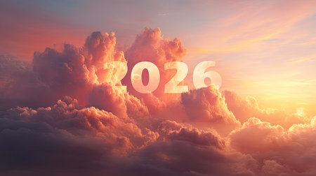 A serene and beautiful sunrise displaying fluffy clouds and the year 2026. Perfect for themes of hope, planning, and inspiring visions of the future.の素材