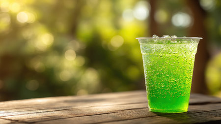 A vibrant green drink filled with bubbles, served in a clear cup, rests on a wooden table in a sunlit outdoor setting, perfect for refreshing moments.の素材