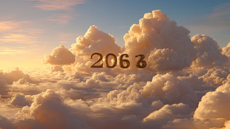 A breathtaking view of fluffy clouds at sunrise, featuring golden numbers floating above, evoking feelings of serenity and dreams of the future.の素材