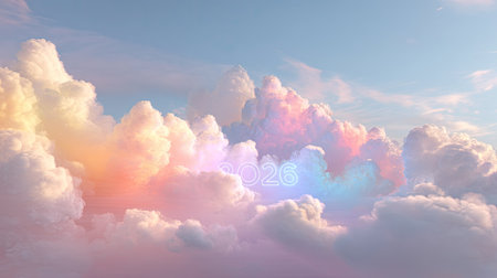 This stunning image features dreamy pastel clouds in soft hues, perfect for capturing the spirit of hope and celebration for the year 2026.の素材