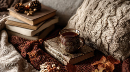 A serene autumn scene featuring a cozy arrangement of books, a steaming mug of tea, and natural decorations, perfect for evoking warmth and relaxation indoors.の素材