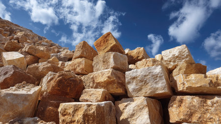 View of large stone blocks arranged in a natural formation under a bright blue sky with clouds. The rugged texture highlights geological elements, creating a serene landscape.の素材